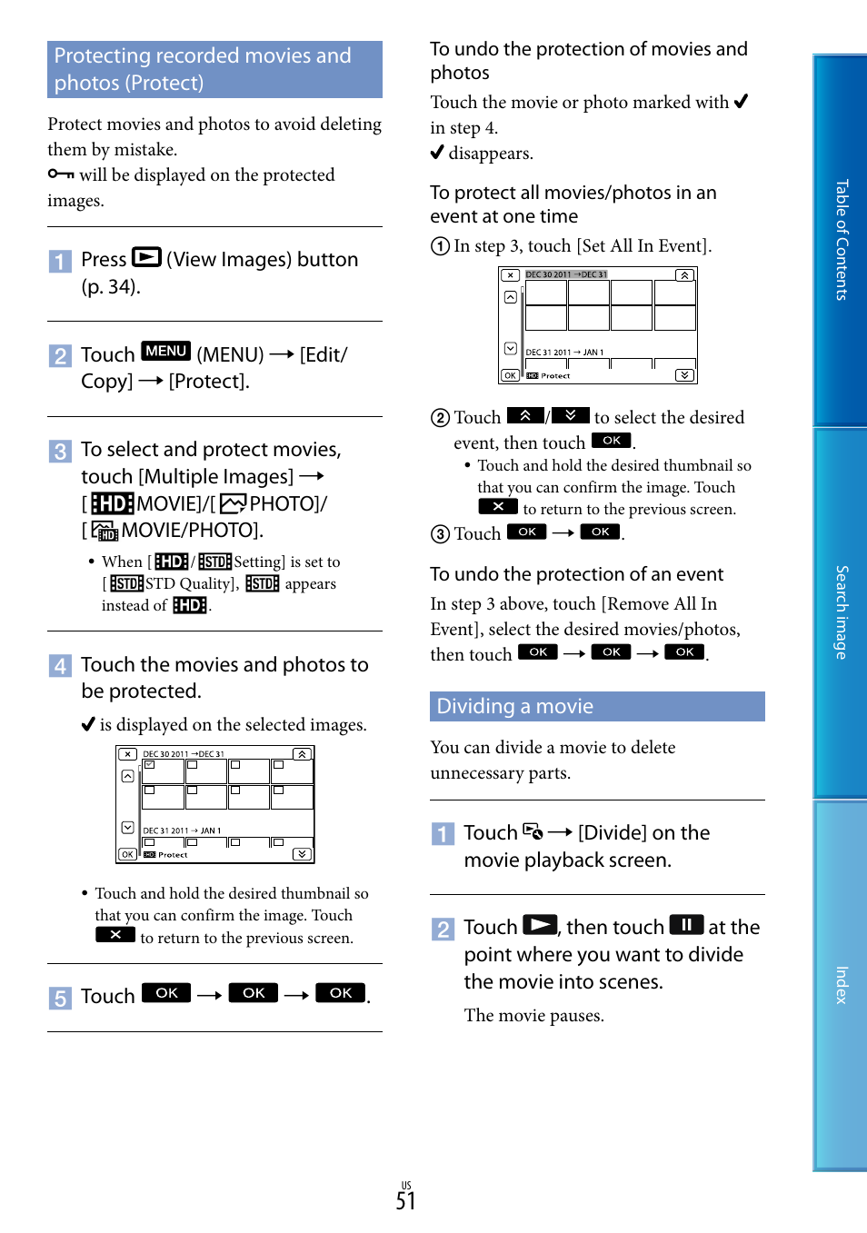 Protecting recorded movies and photos (protect), Dividing a movie | Sony NEX-VG20 User Manual | Page 51 / 117