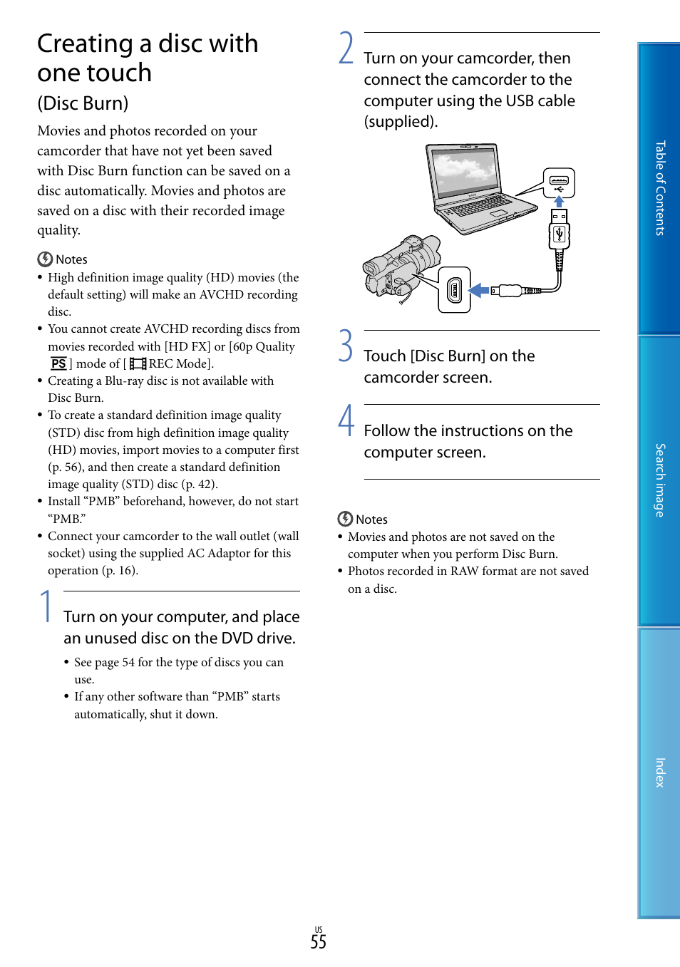 Creating a disc with one touch (disc burn), Creating a disc with one touch, Disc burn) | Sony NEX-VG20 User Manual | Page 55 / 117