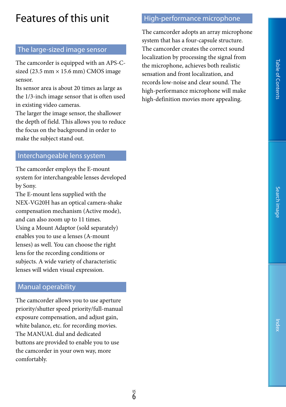 Features of this unit | Sony NEX-VG20 User Manual | Page 6 / 117