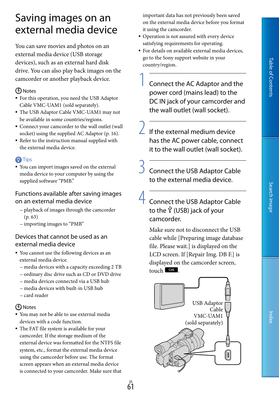 Saving images on an external media device, E 61 | Sony NEX-VG20 User Manual | Page 61 / 117