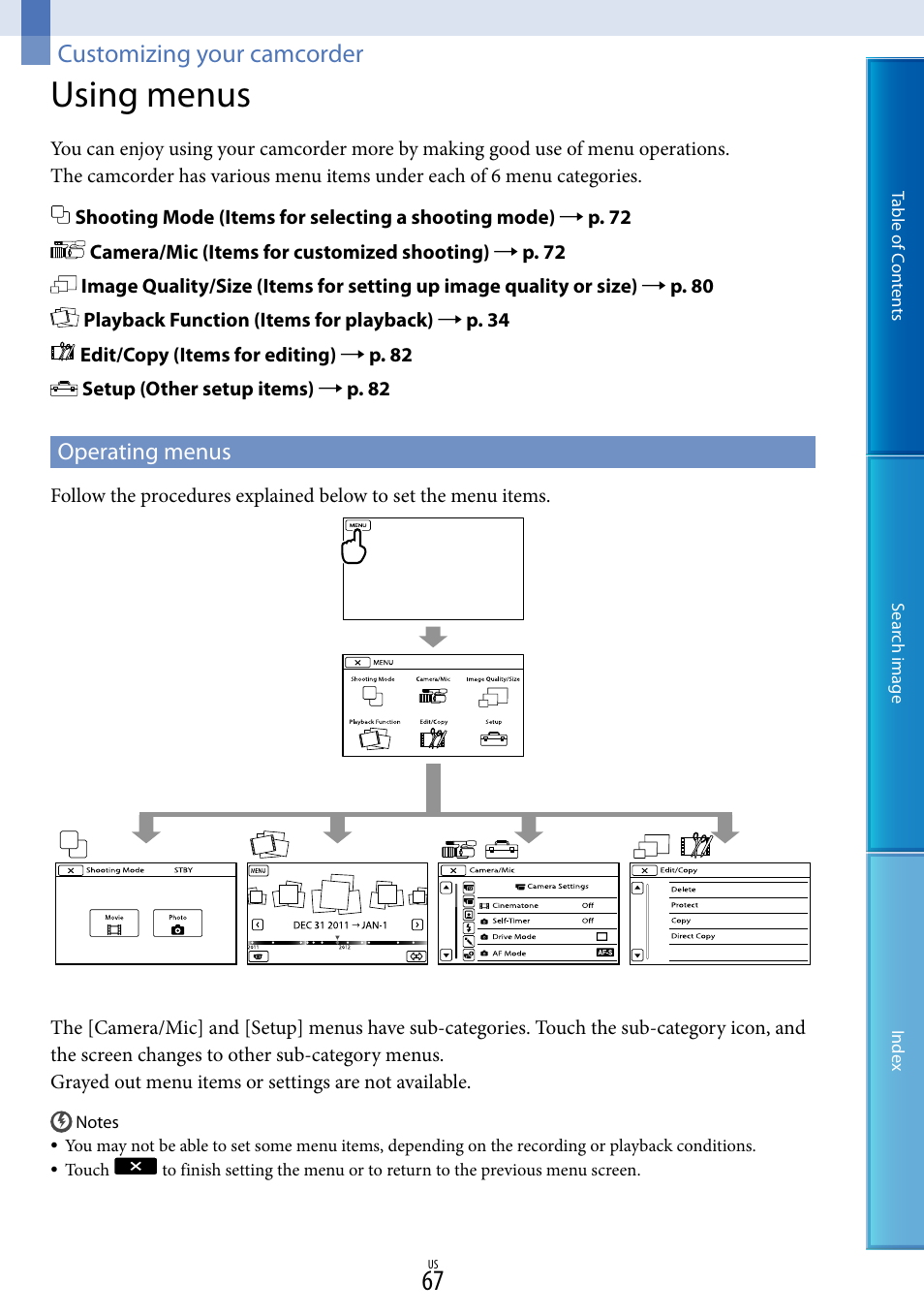 Customizing your camcorder, Using menus, Operating menus | Sony NEX-VG20 User Manual | Page 67 / 117