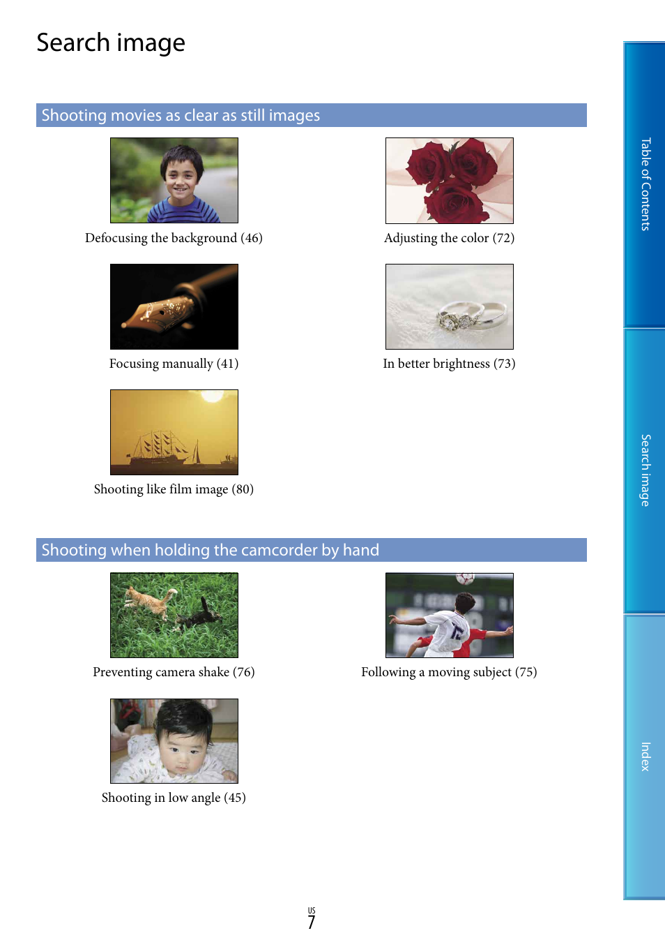 Search image, Shooting movies as clear as still images, Shooting when holding the camcorder by hand | Sony NEX-VG20 User Manual | Page 7 / 117