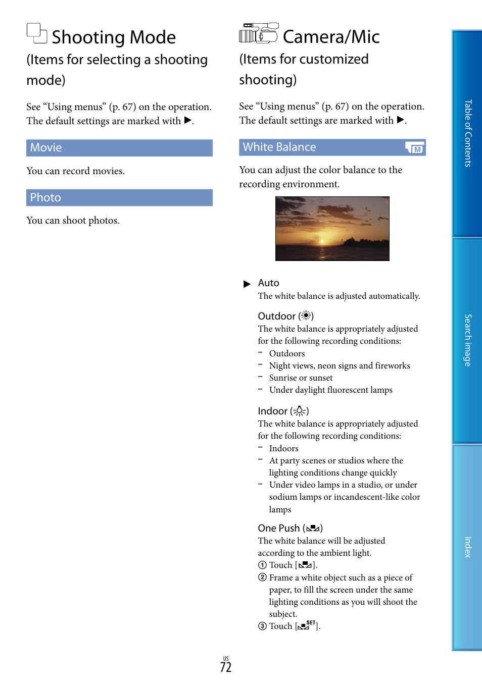Camera/mic (items for customized shooting), R (72), Shooting mode | Items for selecting a shooting mode), Camera/mic, Items for customized shooting), Movie, Photo, White balance | Sony NEX-VG20 User Manual | Page 72 / 117