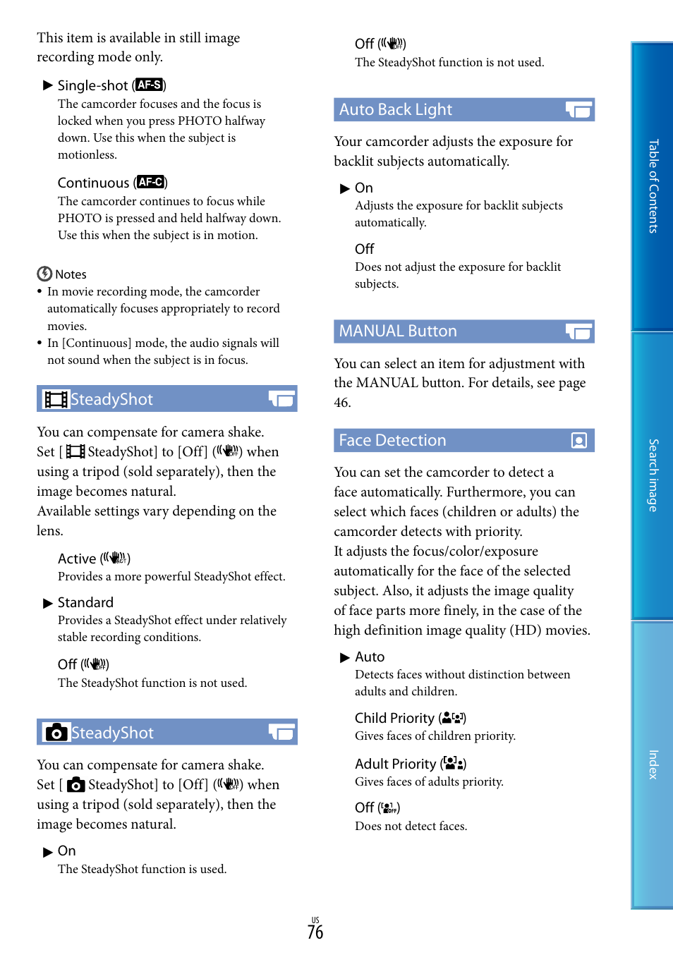 E (76), Steadyshot, Auto back light | Manual button, Face detection | Sony NEX-VG20 User Manual | Page 76 / 117