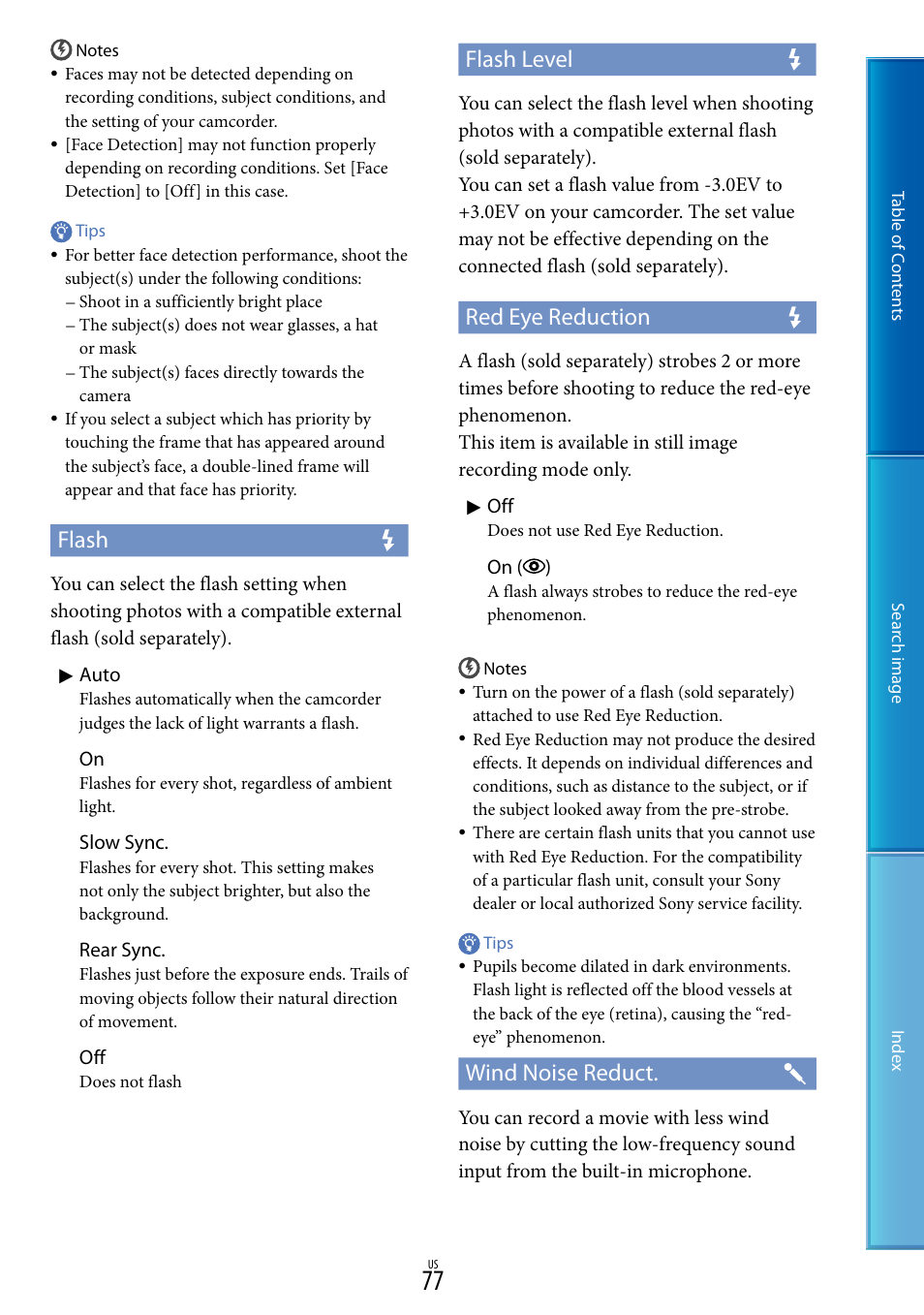 Flash, Flash level, Red eye reduction | Wind noise reduct | Sony NEX-VG20 User Manual | Page 77 / 117