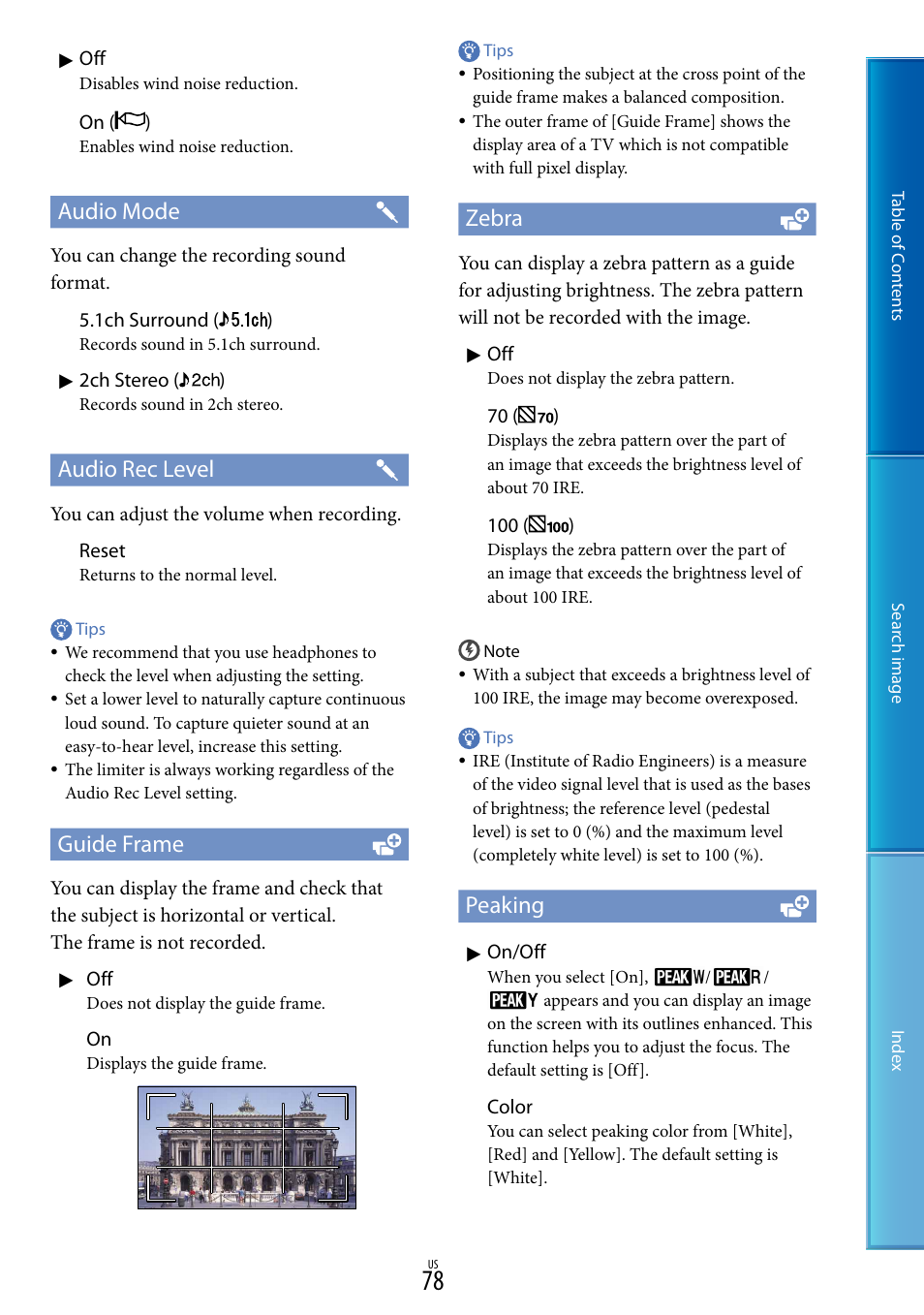 Y (78), L (78), Audio mode | Audio rec level, Guide frame, Zebra, Peaking | Sony NEX-VG20 User Manual | Page 78 / 117