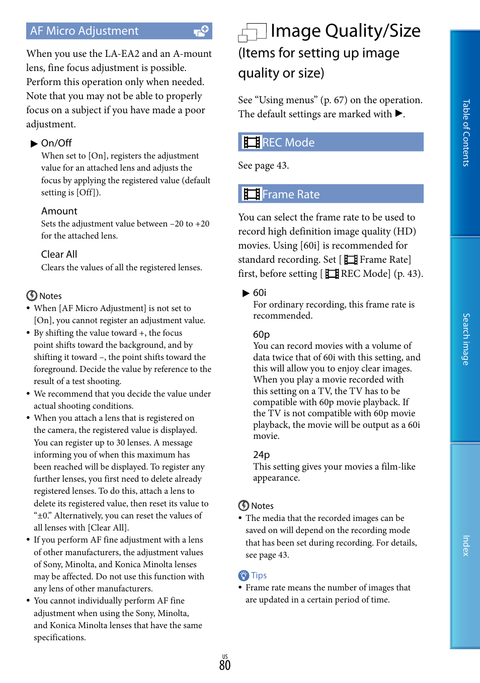 E (80), Image quality/size, Items for setting up image quality or size) | Af micro adjustment, Rec mode, Frame rate | Sony NEX-VG20 User Manual | Page 80 / 117