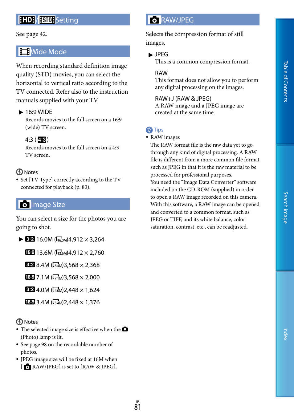 Setting, Wide mode, Image size | Raw/jpeg | Sony NEX-VG20 User Manual | Page 81 / 117