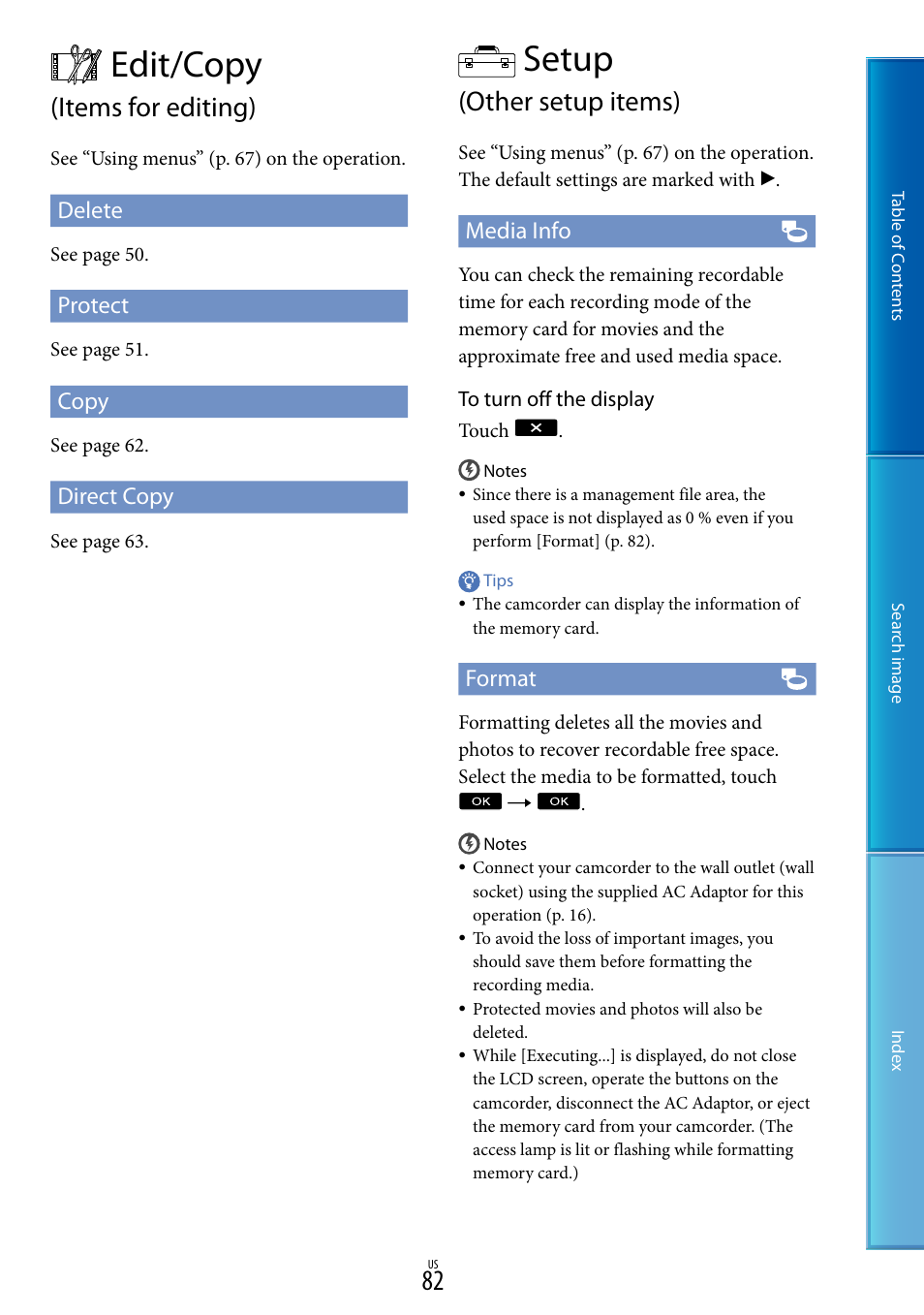 Edit/copy (items for editing), Setup (other setup items), 82). f | Edit/copy, Items for editing), Setup, Other setup items), Delete, Protect, Copy | Sony NEX-VG20 User Manual | Page 82 / 117