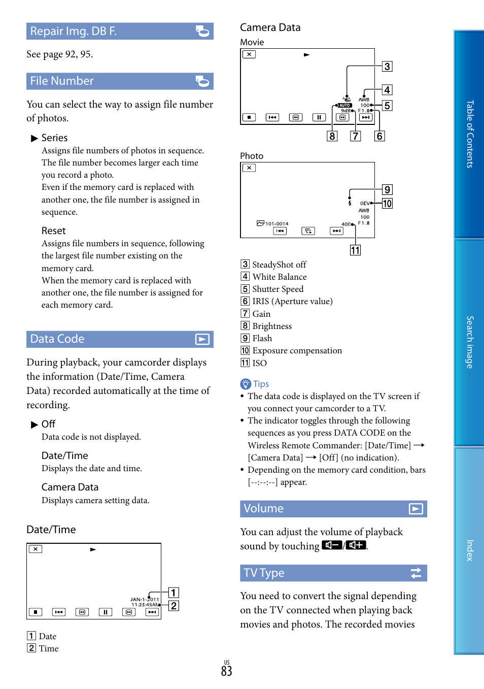 Repair img. db f, File number, Data code | Volume, Tv type | Sony NEX-VG20 User Manual | Page 83 / 117