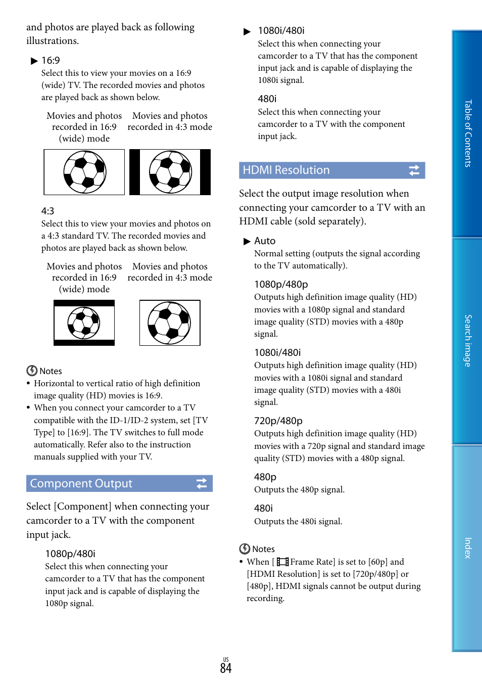 Component output, Hdmi resolution | Sony NEX-VG20 User Manual | Page 84 / 117