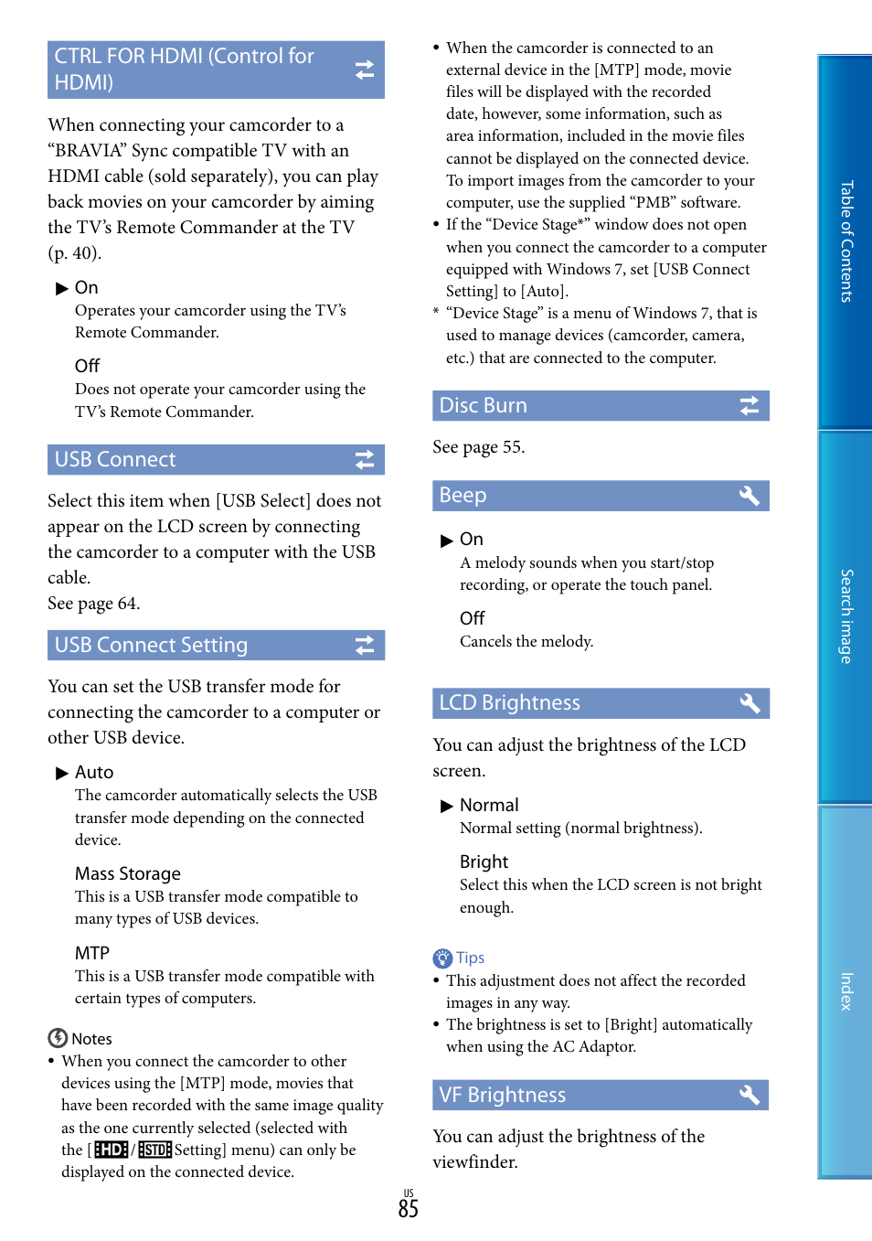 Ctrl for hdmi (control for hdmi), Usb connect, Usb connect setting | Disc burn, Beep, Lcd brightness, Vf brightness | Sony NEX-VG20 User Manual | Page 85 / 117