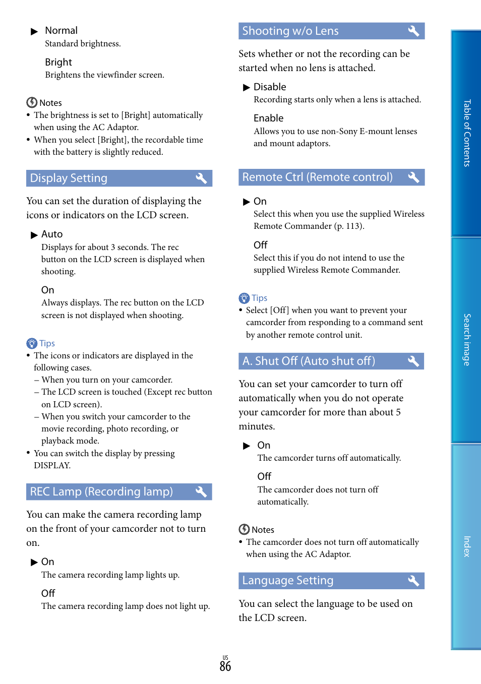 Display setting, Rec lamp (recording lamp), Shooting w/o lens | Remote ctrl (remote control), A. shut off (auto shut off), Language setting | Sony NEX-VG20 User Manual | Page 86 / 117