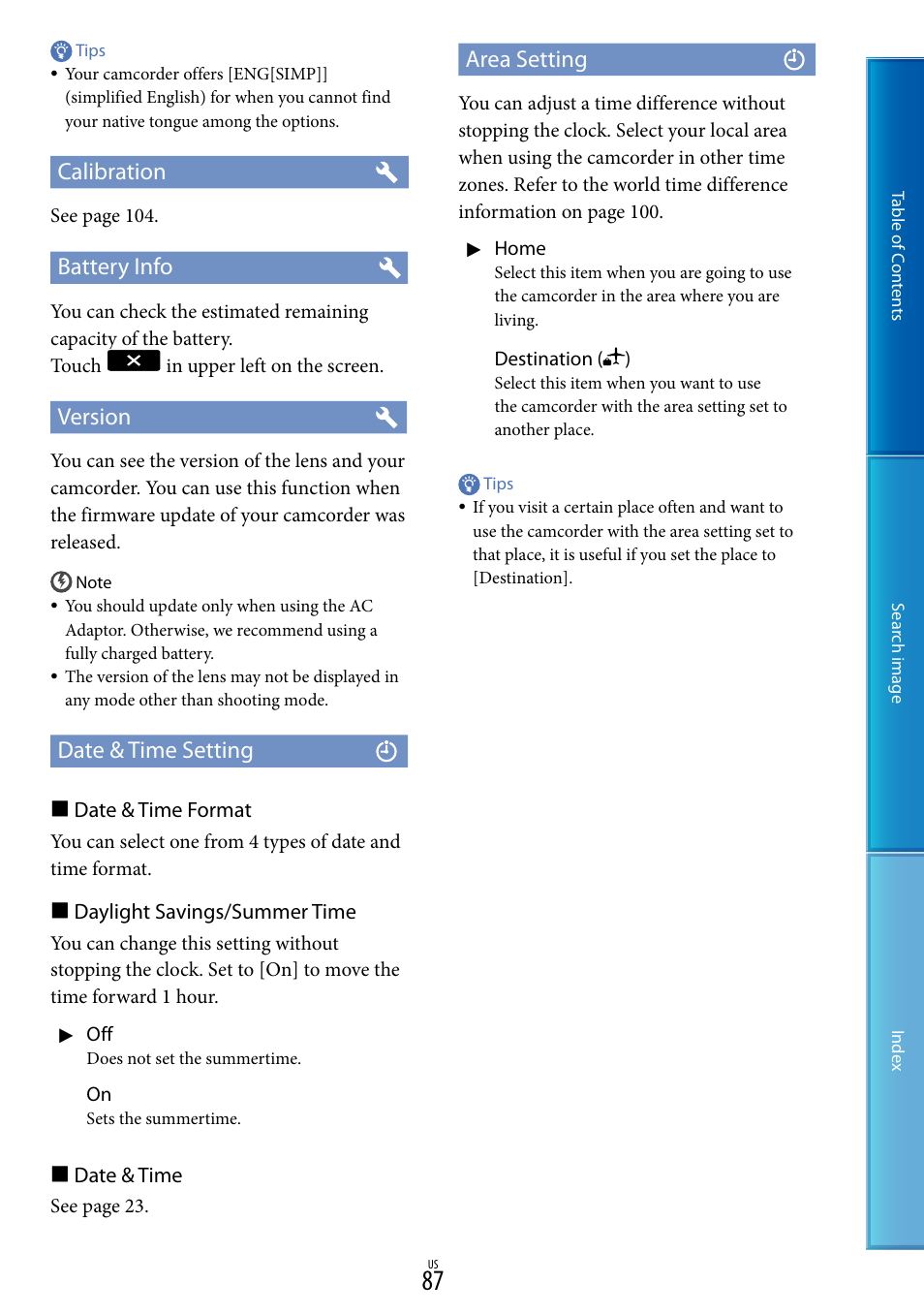 Calibration, Battery info, Version | Date & time setting, Area setting | Sony NEX-VG20 User Manual | Page 87 / 117