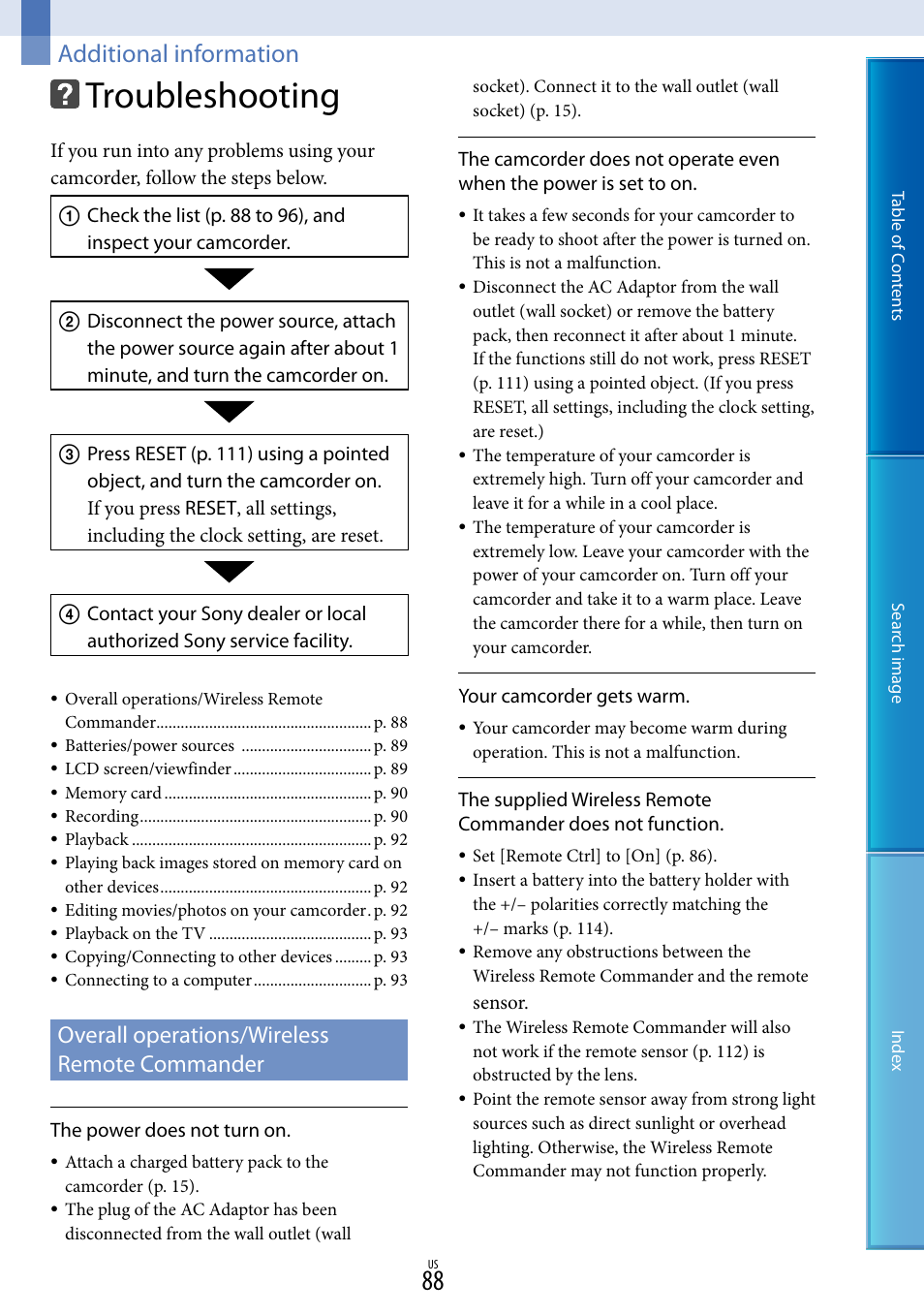 Additional information, Troubleshooting, Overall operations/wireless remote commander | Sony NEX-VG20 User Manual | Page 88 / 117