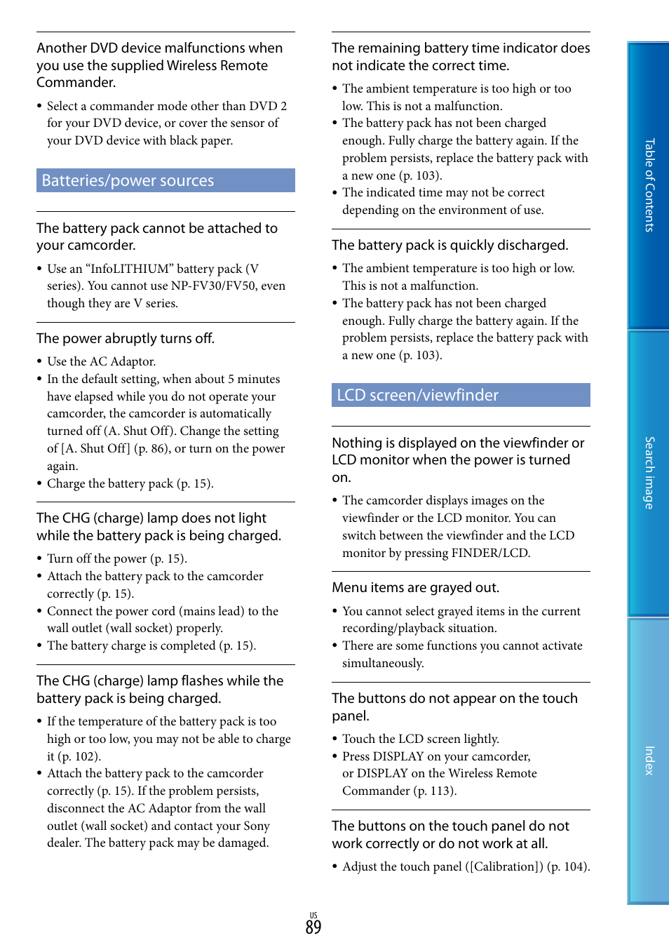 Batteries/power sources, Lcd screen/viewfinder | Sony NEX-VG20 User Manual | Page 89 / 117