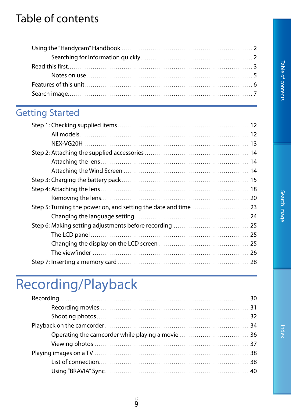 Sony NEX-VG20 User Manual | Page 9 / 117