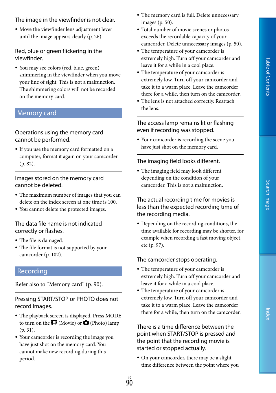 Memory card, Recording | Sony NEX-VG20 User Manual | Page 90 / 117