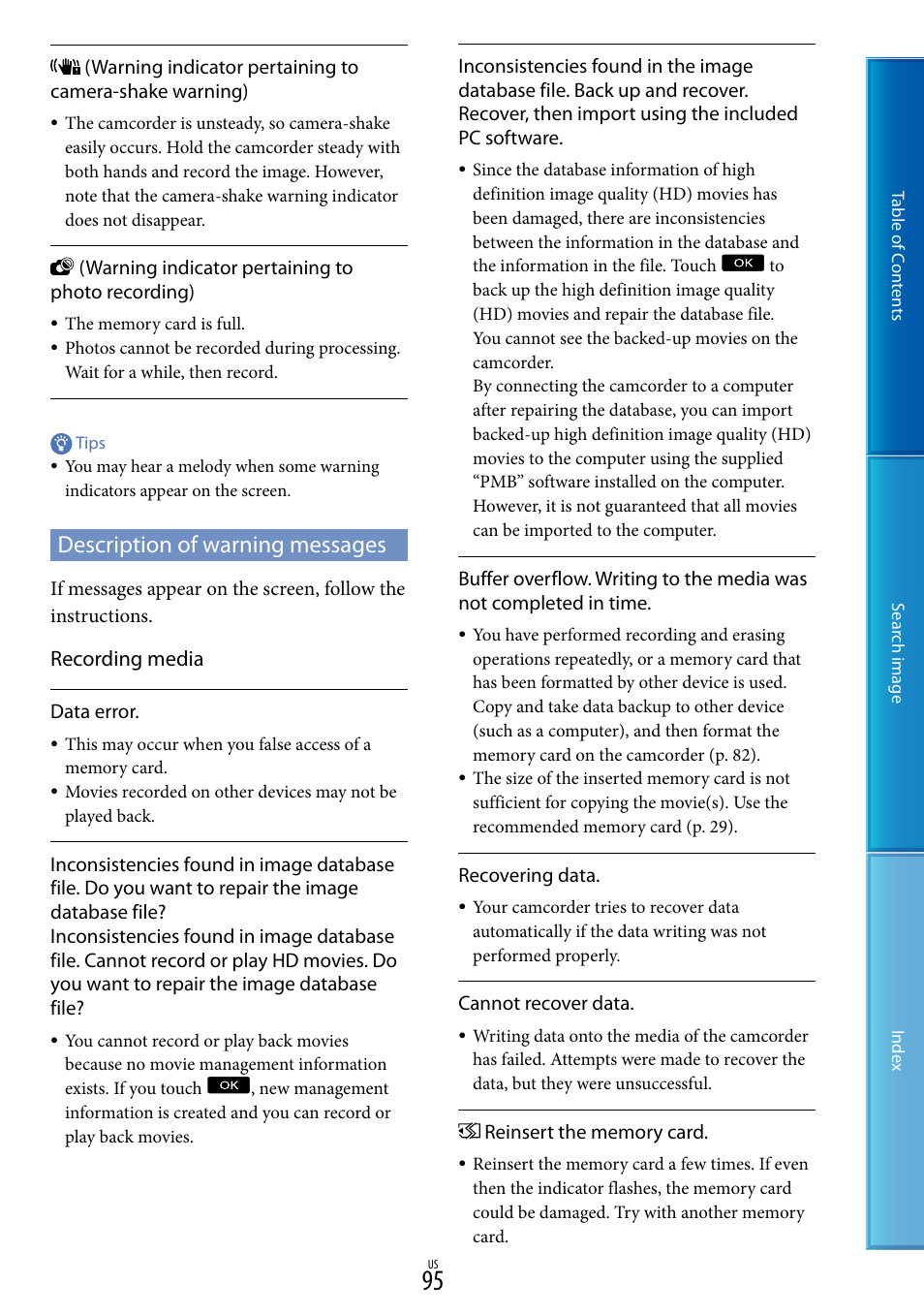 Description of warning messages, Recording media | Sony NEX-VG20 User Manual | Page 95 / 117