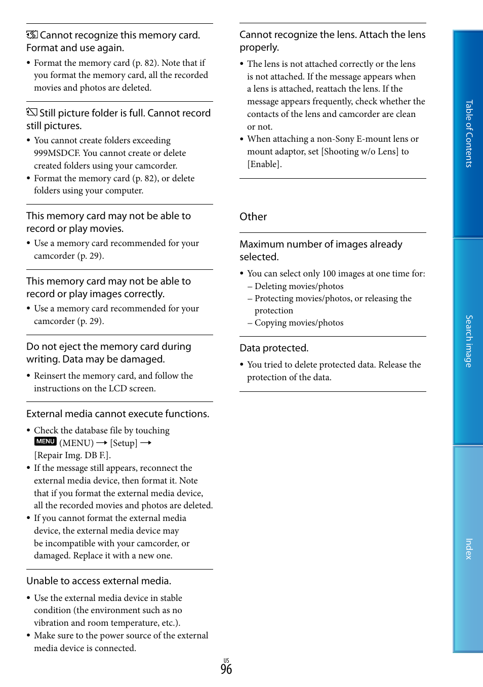 O 96), and, Other | Sony NEX-VG20 User Manual | Page 96 / 117