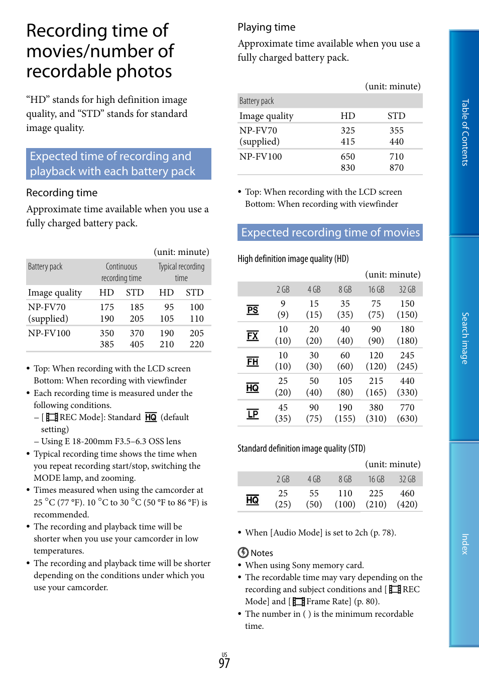 Expected recording time of movies, E 97 o | Sony NEX-VG20 User Manual | Page 97 / 117