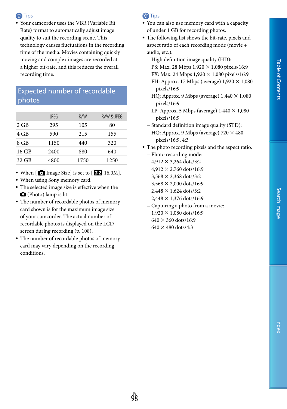 Expected number of recordable photos | Sony NEX-VG20 User Manual | Page 98 / 117