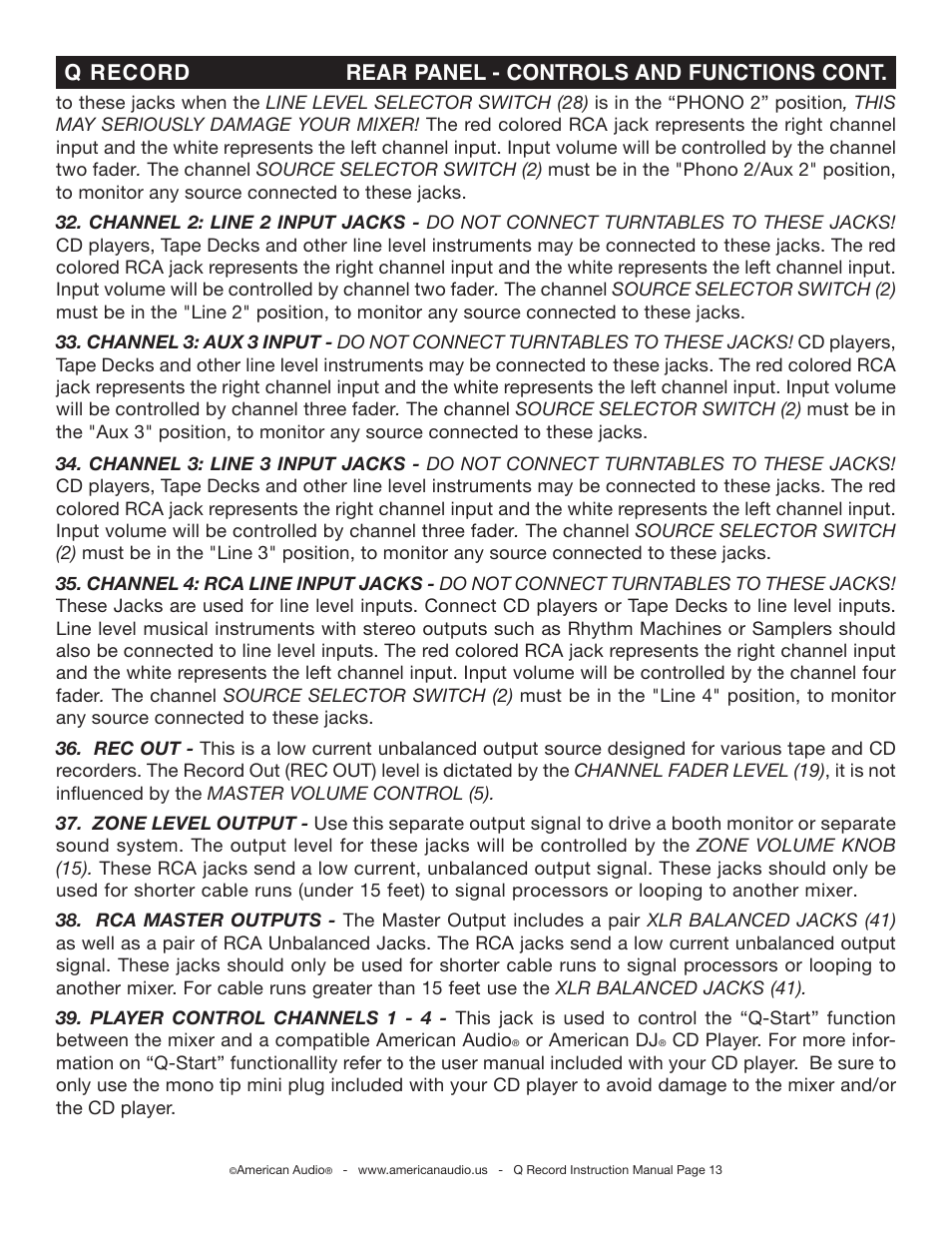 Q record rear panel - controls and functions cont | American Audio Q-Record User Manual | Page 13 / 25
