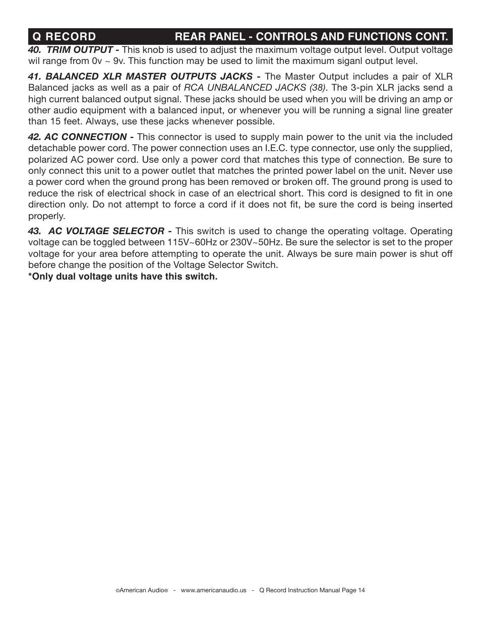 Q record rear panel - controls and functions cont | American Audio Q-Record User Manual | Page 14 / 25