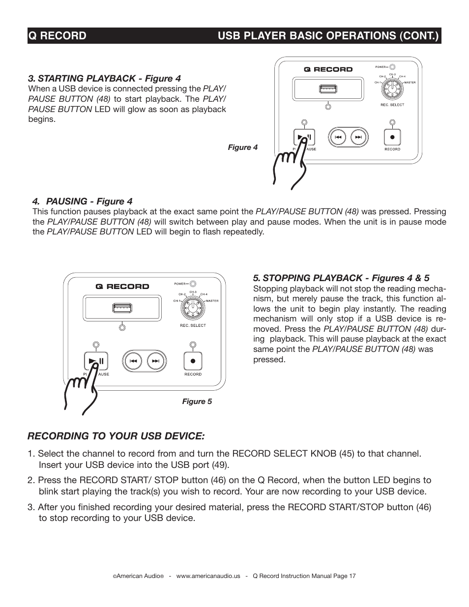 Q record usb player basic operations (cont.), Recording to your usb device | American Audio Q-Record User Manual | Page 17 / 25