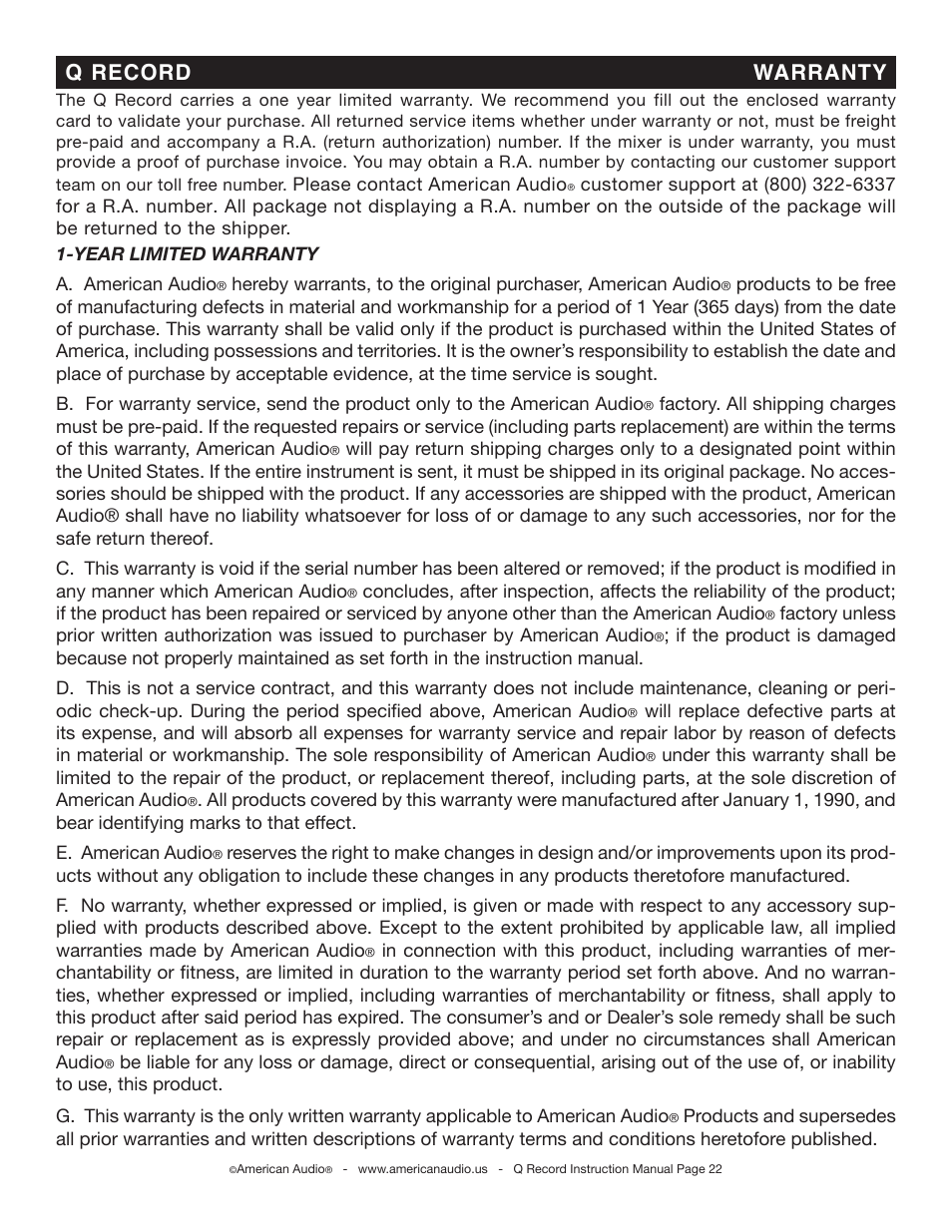 Q record warranty | American Audio Q-Record User Manual | Page 22 / 25