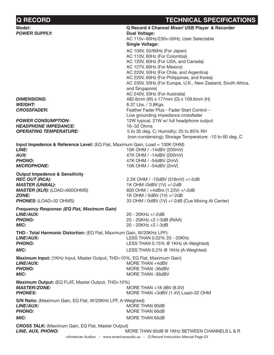 Q record technical specifications | American Audio Q-Record User Manual | Page 23 / 25