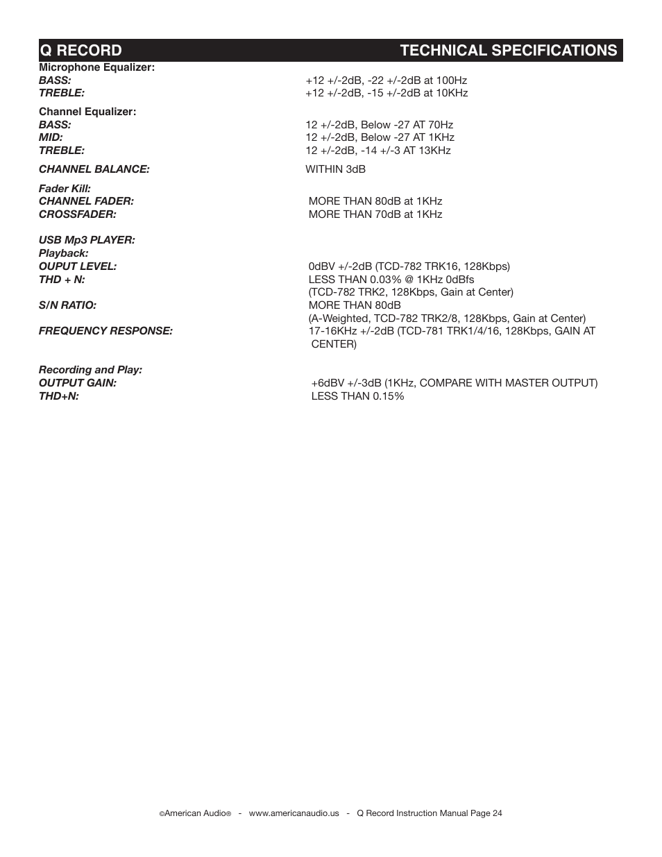 Q record technical specifications | American Audio Q-Record User Manual | Page 24 / 25