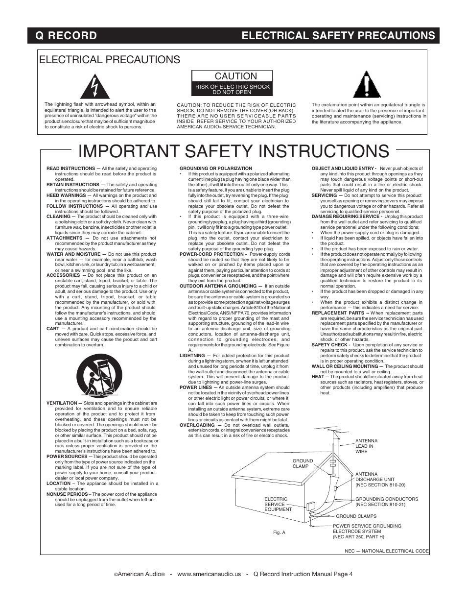 Important safety instructions, Electrical precautions, Q record electrical safety precautions | Caution | American Audio Q-Record User Manual | Page 4 / 25