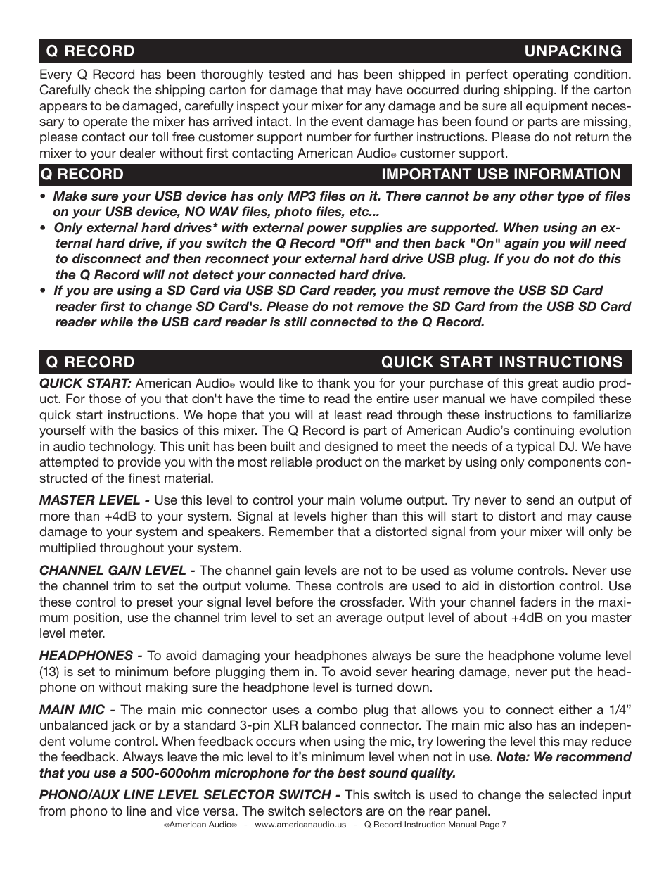 Q record important usb information | American Audio Q-Record User Manual | Page 7 / 25