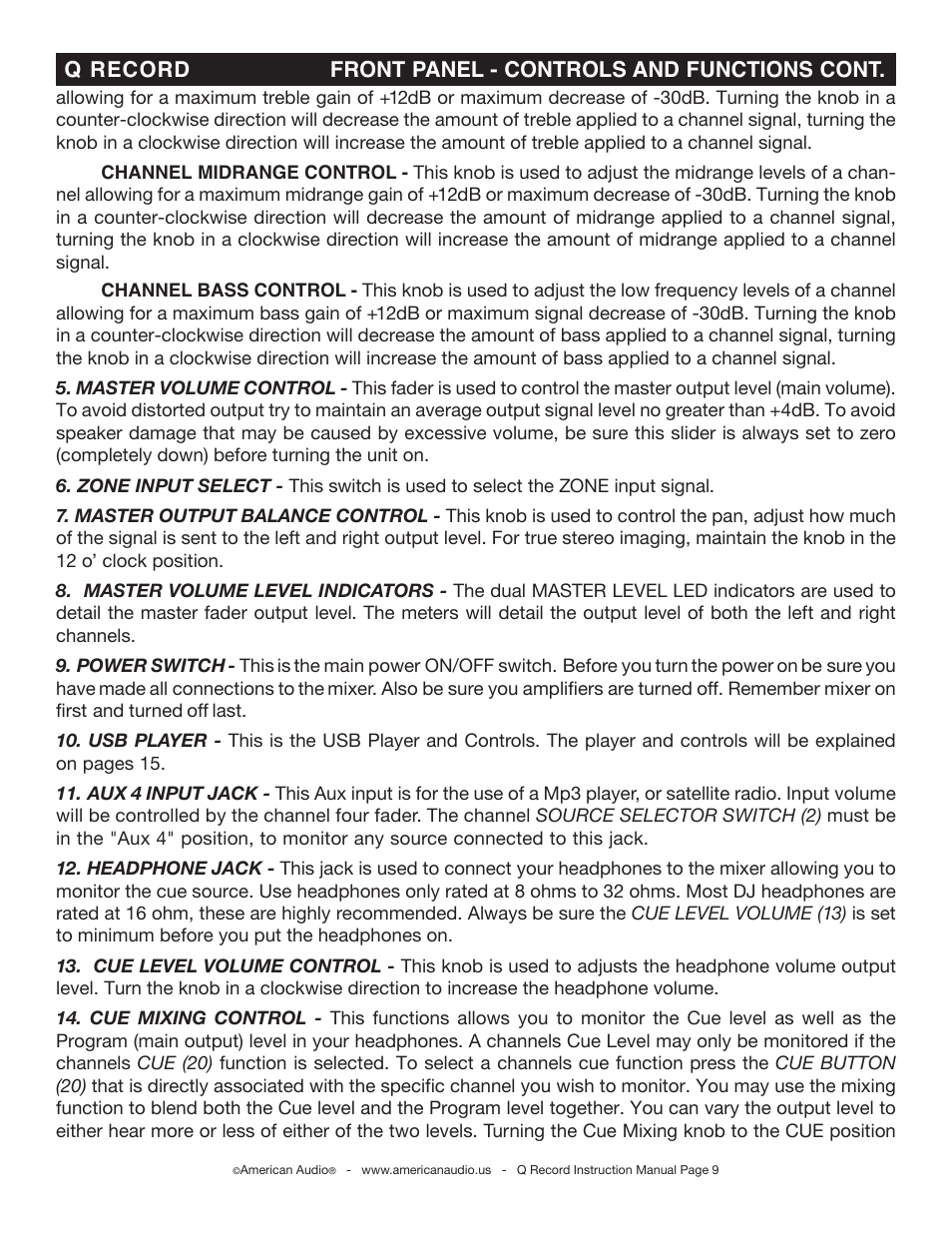 Q record front panel - controls and functions cont | American Audio Q-Record User Manual | Page 9 / 25