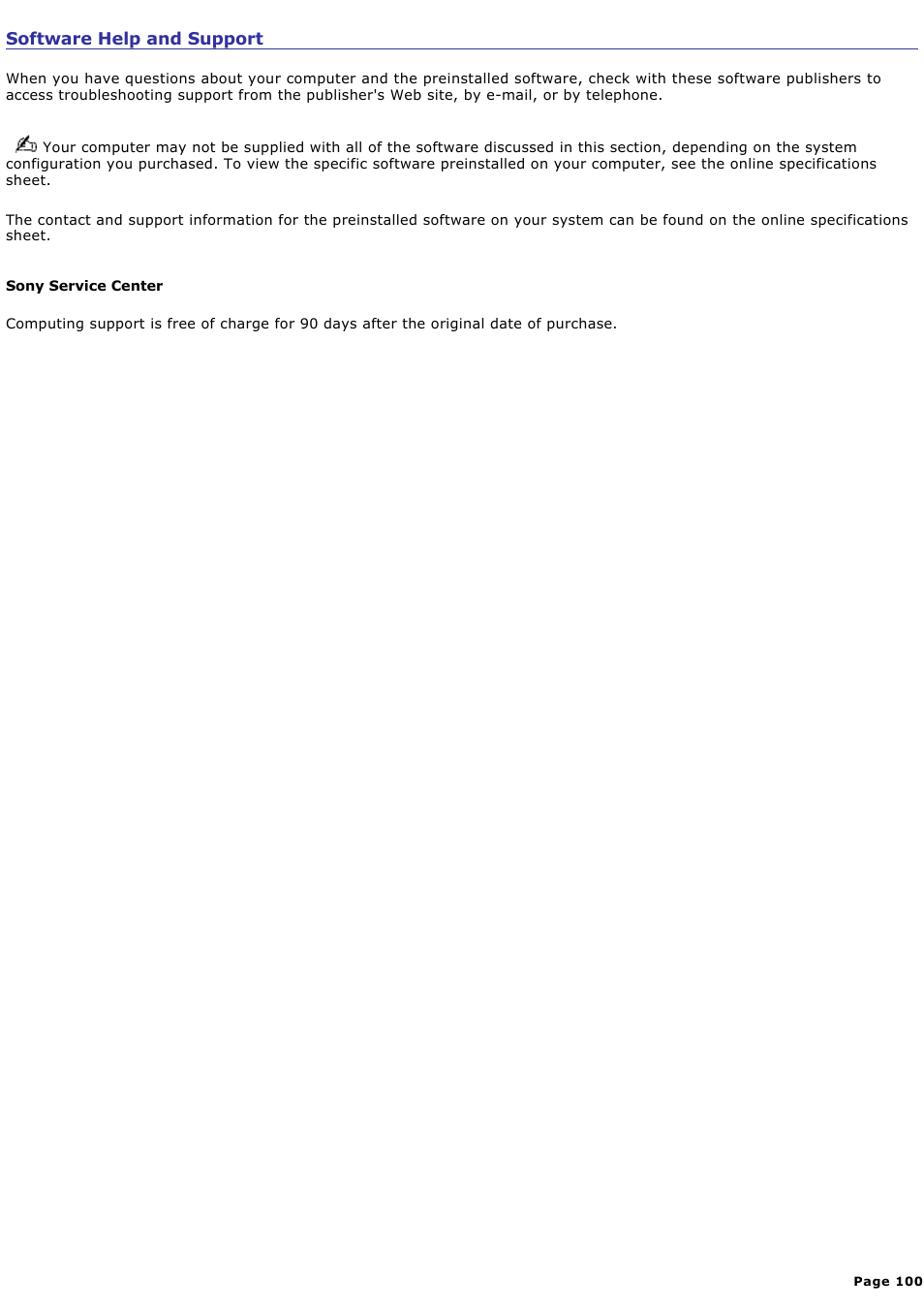 Software help and support | Sony PCV-W20 User Manual | Page 100 / 103