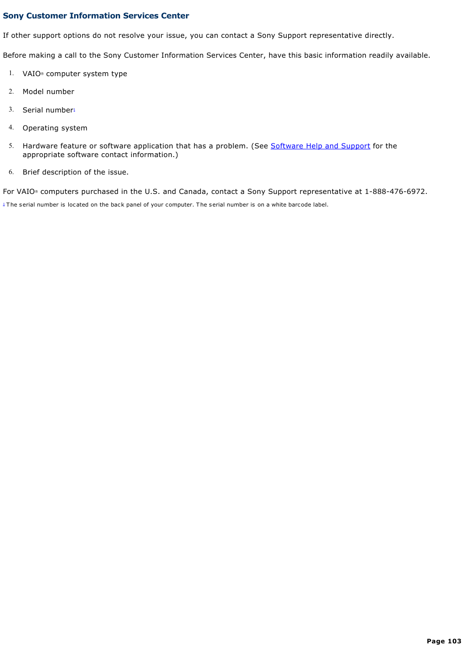 Sony customer information services center | Sony PCV-W20 User Manual | Page 103 / 103