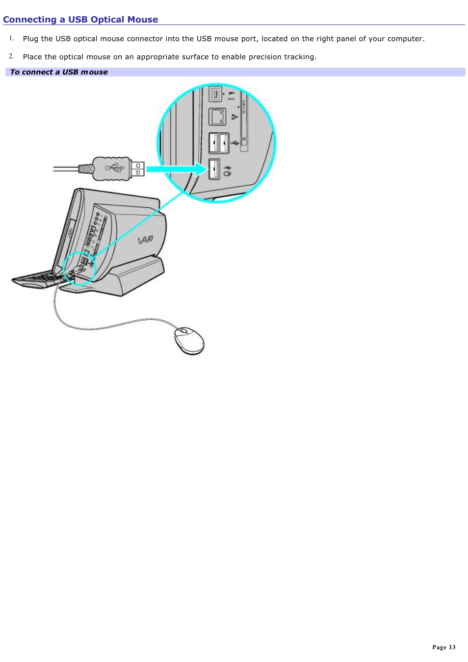 Connecting a usb optical mouse | Sony PCV-W20 User Manual | Page 13 / 103