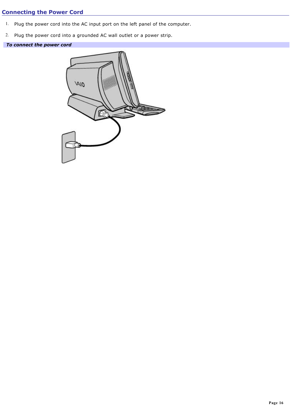 Connecting the power cord | Sony PCV-W20 User Manual | Page 16 / 103