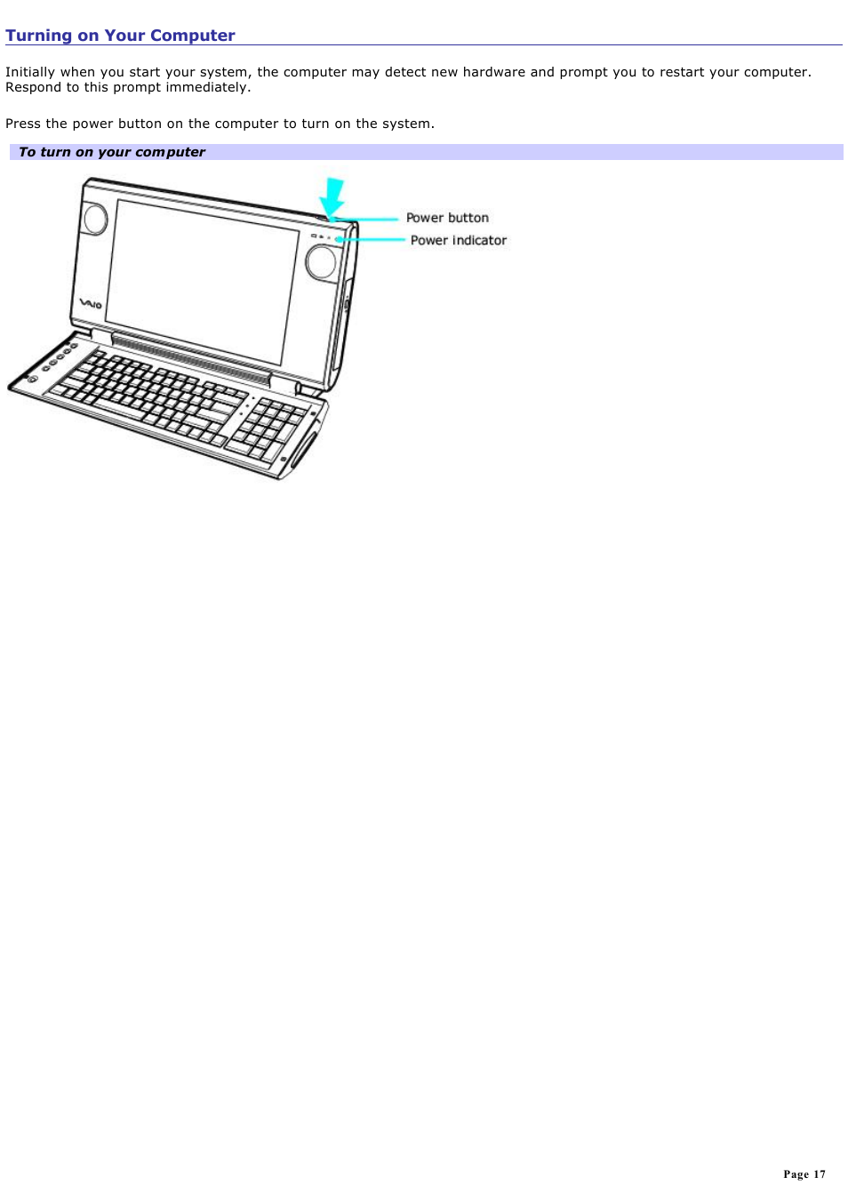 Turning on your computer | Sony PCV-W20 User Manual | Page 17 / 103