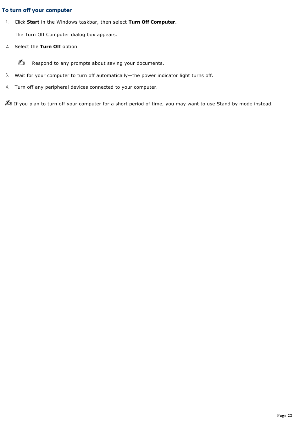 To turn off your computer | Sony PCV-W20 User Manual | Page 22 / 103