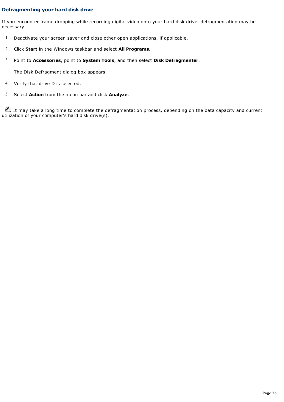 Defragmenting your hard disk drive | Sony PCV-W20 User Manual | Page 26 / 103