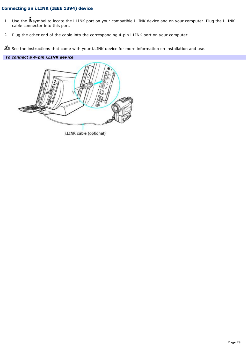 Connecting an i.link (ieee 1394) device | Sony PCV-W20 User Manual | Page 28 / 103