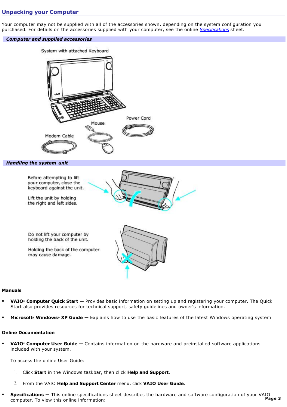 Unpacking your computer | Sony PCV-W20 User Manual | Page 3 / 103