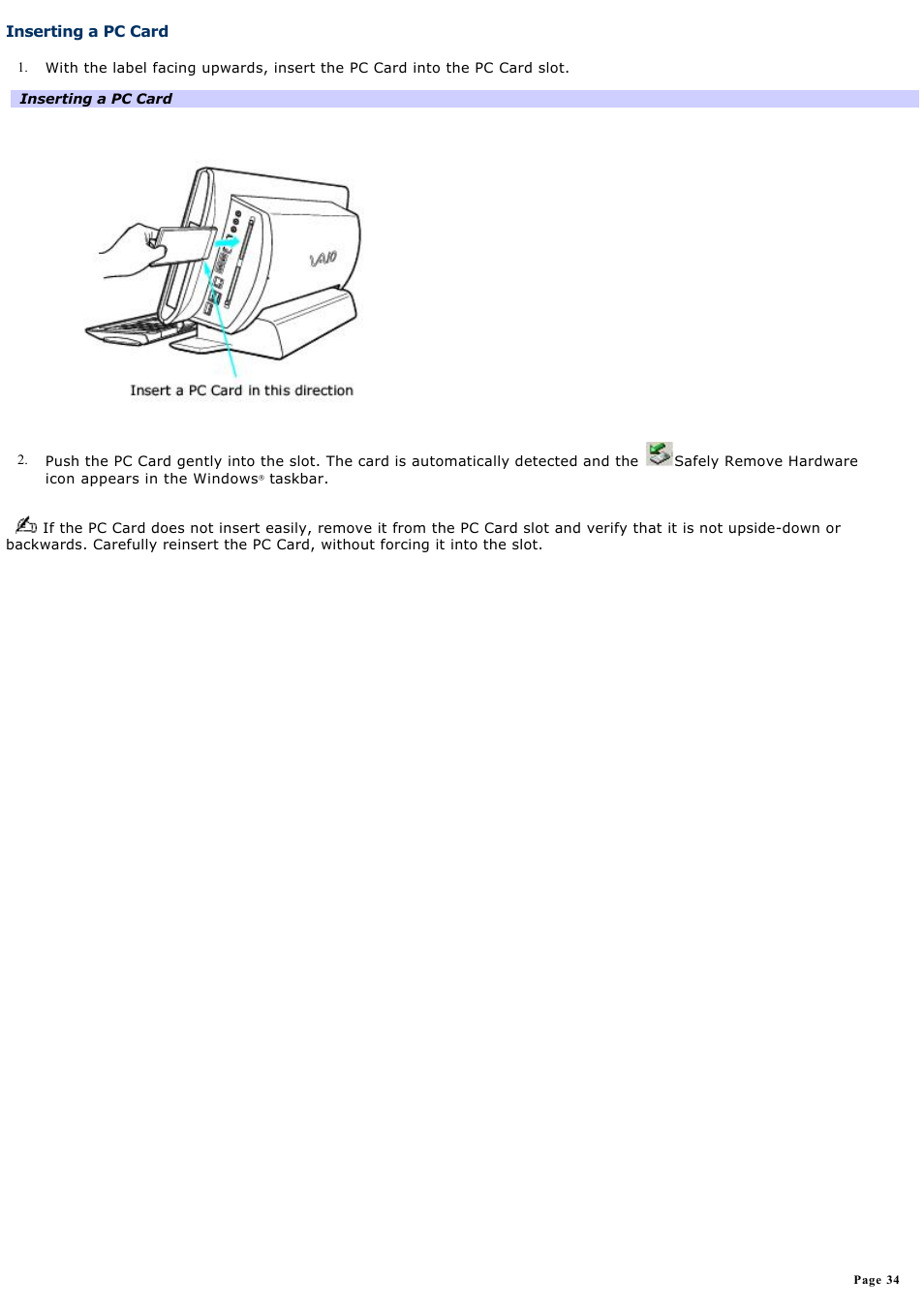 Inserting a pc card | Sony PCV-W20 User Manual | Page 34 / 103