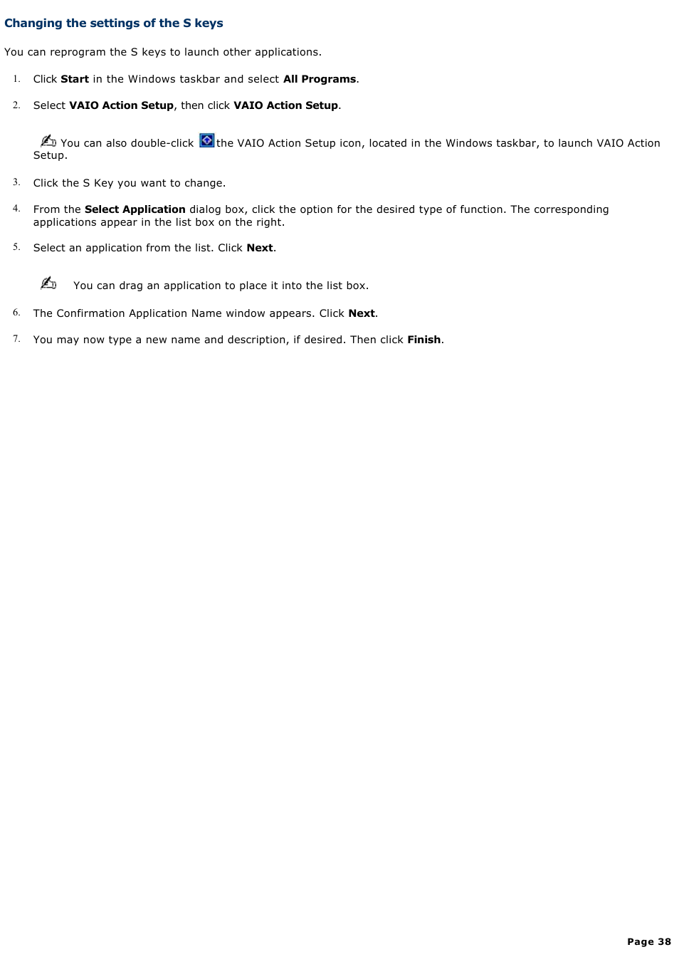 Changing the settings of the s keys | Sony PCV-W20 User Manual | Page 38 / 103