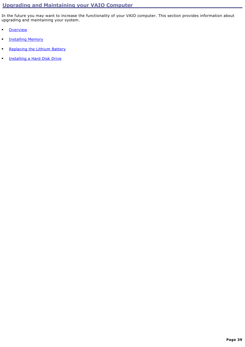 Upgrading and maintaining your vaio computer | Sony PCV-W20 User Manual | Page 39 / 103
