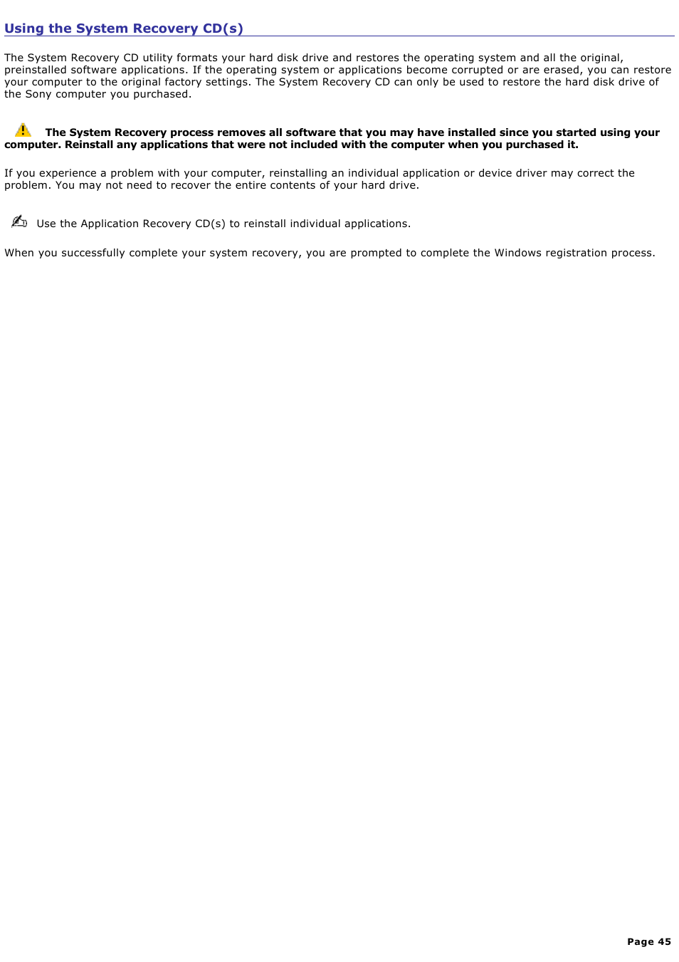 Using the system recovery cd(s) | Sony PCV-W20 User Manual | Page 45 / 103