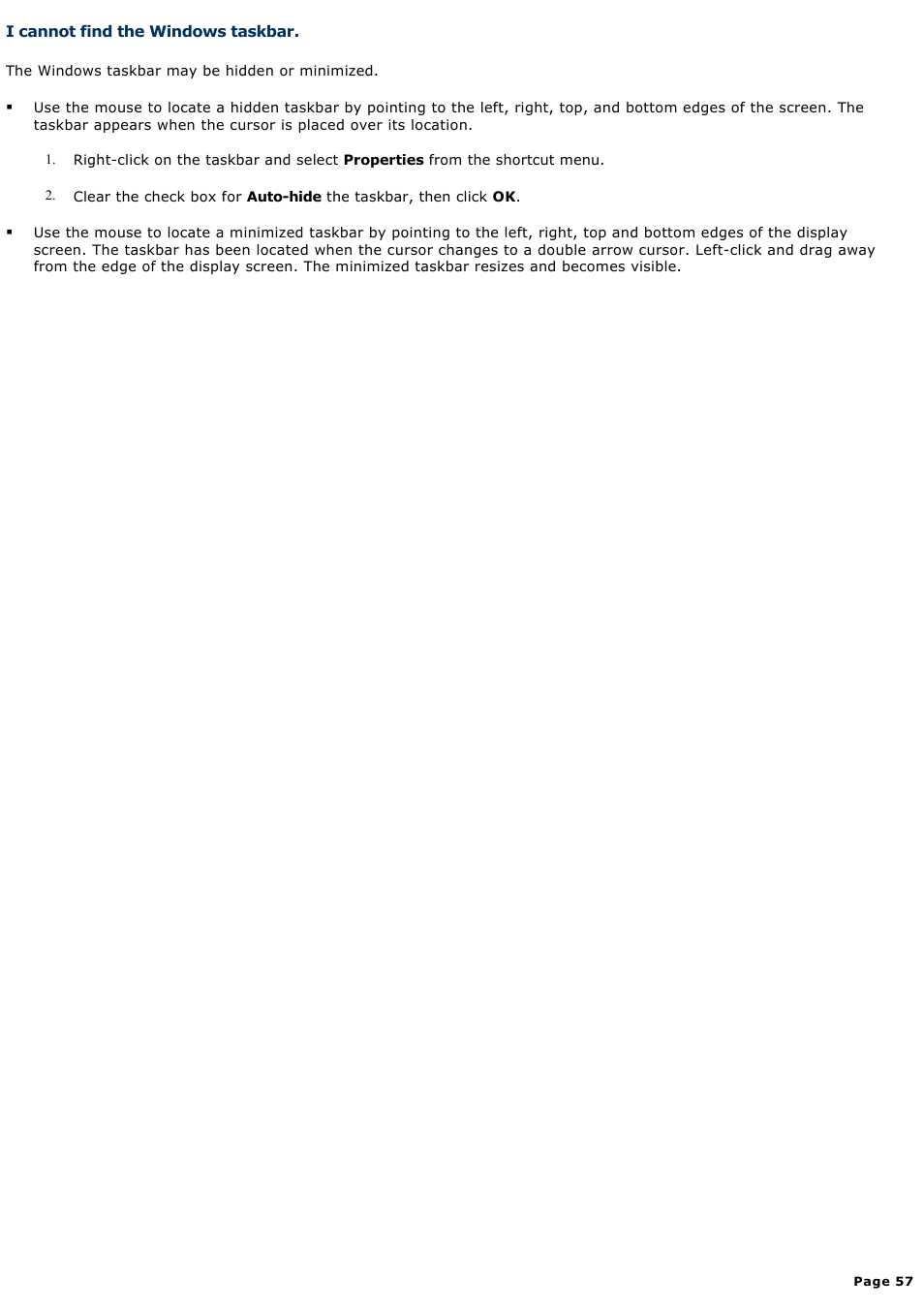 I cannot find the windows taskbar | Sony PCV-W20 User Manual | Page 57 / 103