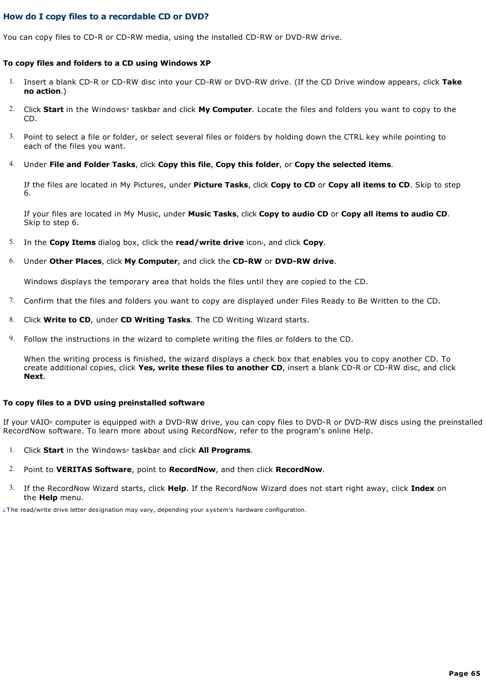 How do i copy files to a recordable cd or dvd | Sony PCV-W20 User Manual | Page 65 / 103